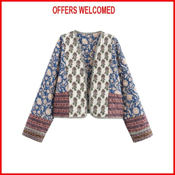 Cropped Puffer Jacket Cardigan Lightweight Quilted Open Front